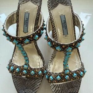 Prada Women's Sandals - bronze Snakeskin with Turquoise stones and cork heel
